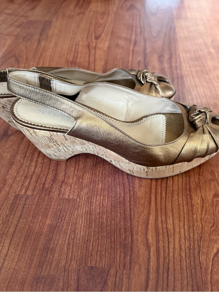 Franco Sarto Metallic Gold Knot Slingback Cork Wedges